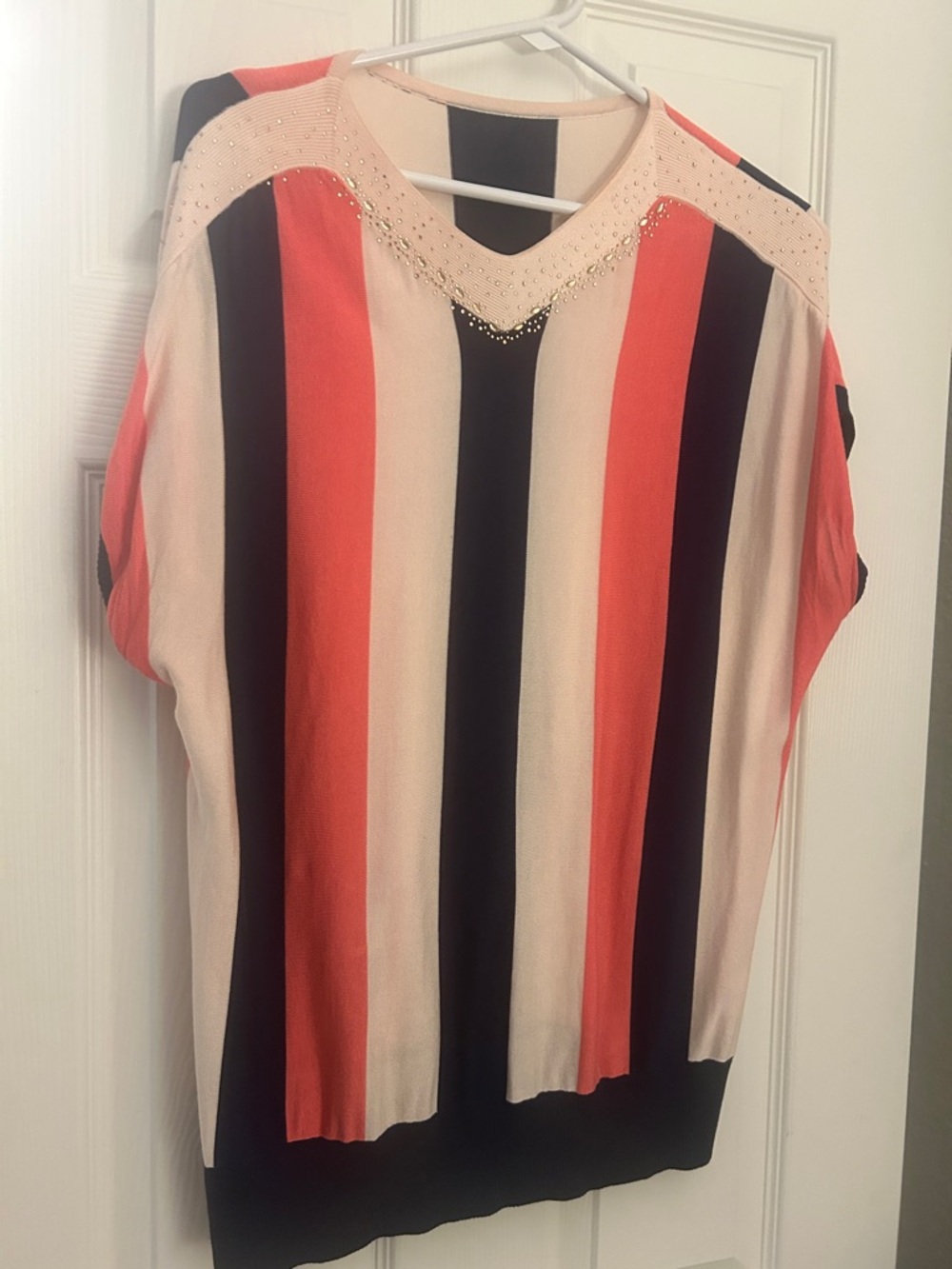 Vintage Striped V-Neck Women's Top with Stud Detail - Coral, Black & Cream